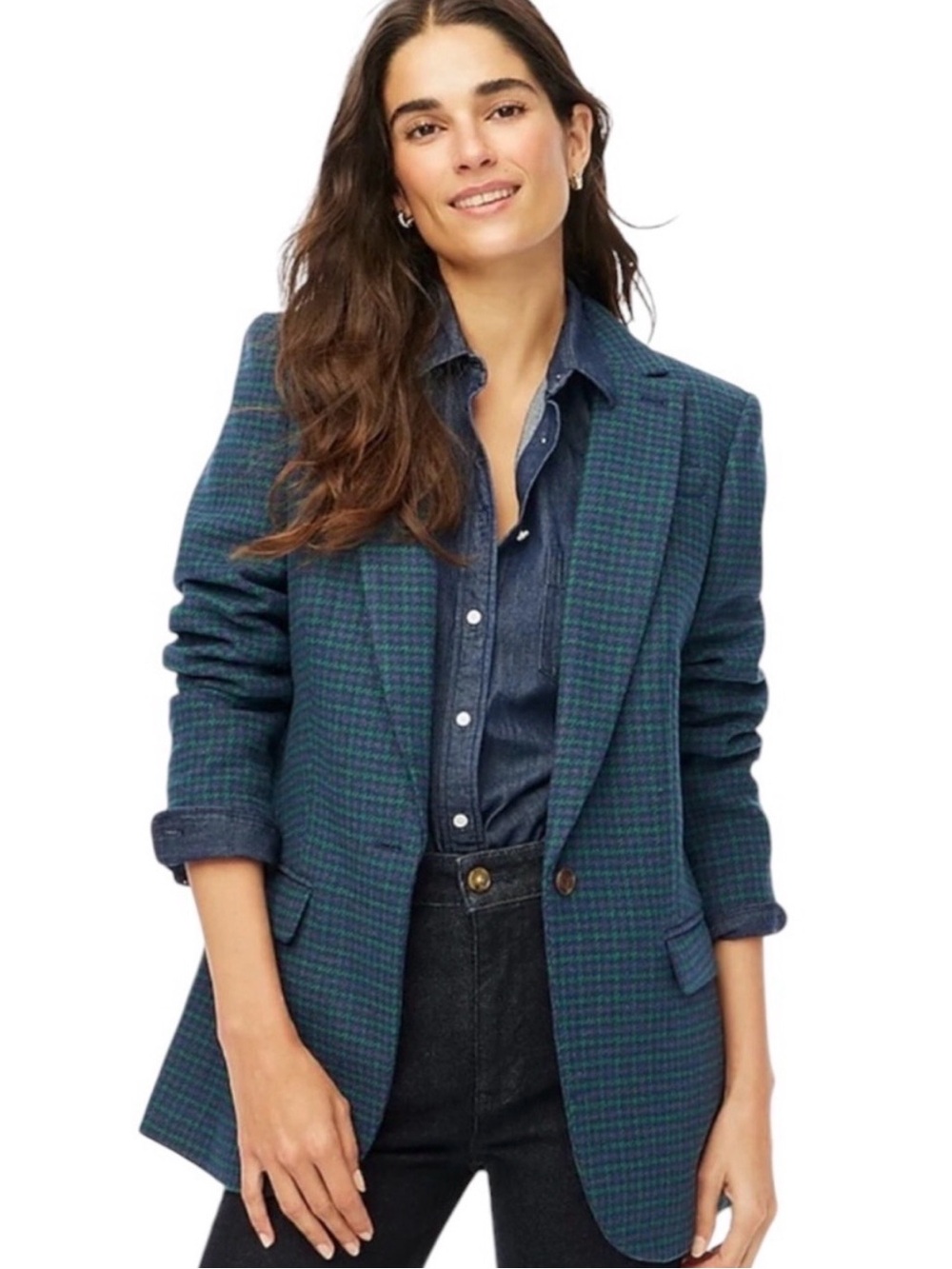 J.Crew Blazer Women’s Blue Green Houndstooth Plaid Wool Blend Lined MSRP $228